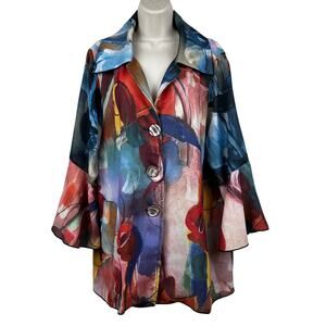 Kamana Blouse Top Jacket Button Front Abstract Artsy Art to Wear Blue Red XL